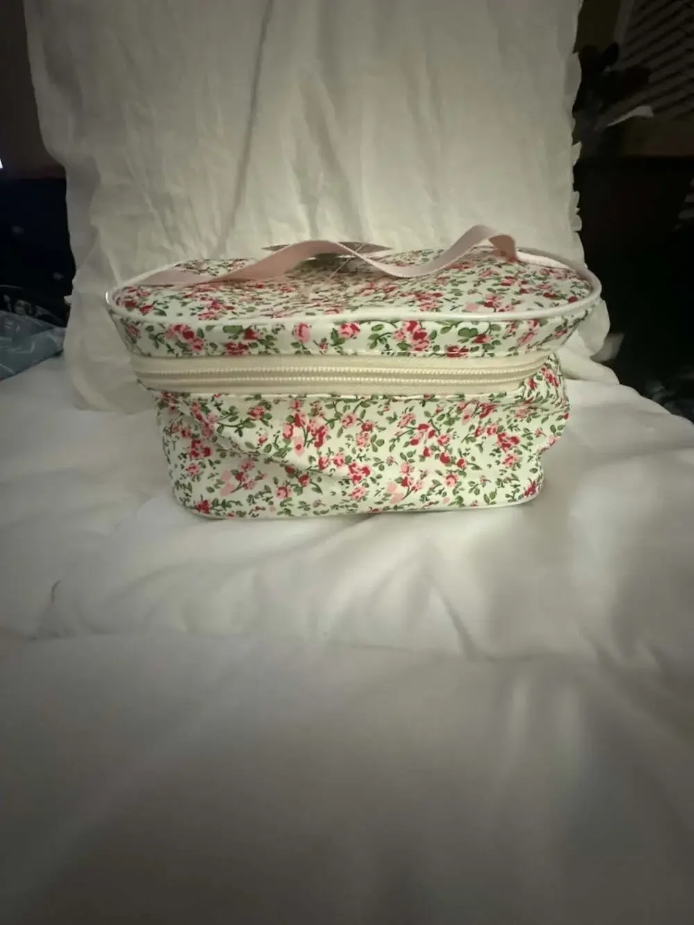 Floral Quilted Cosmetic Travel Makeup Bag with Pink Handle